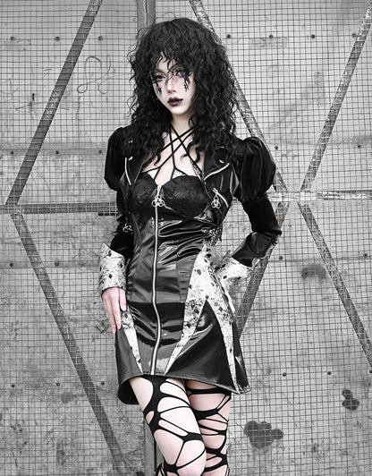 Spleißen Spitze Jacke Punk Mesh Leder PU Kurze