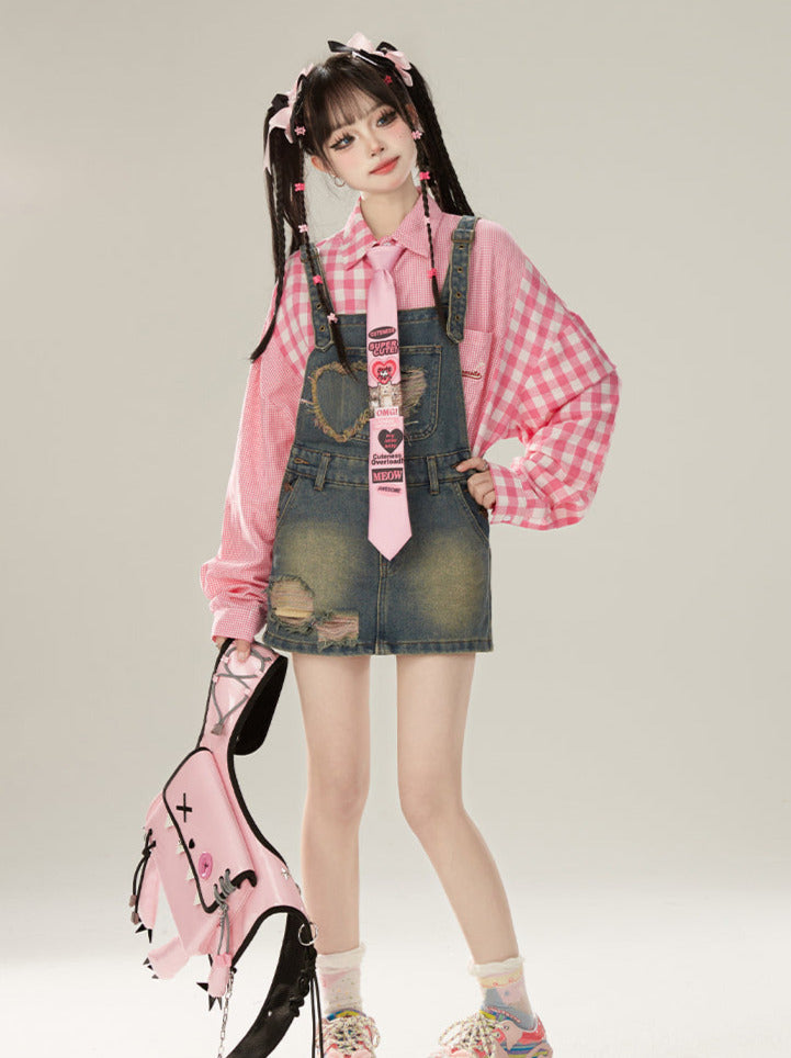 コントラストデニムサスペンダーピンクシャツスカートチェックルーズ+カラー