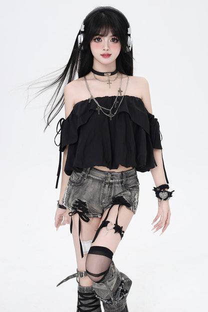 Drawstring One-Shoulder Skirt Top 3-Style