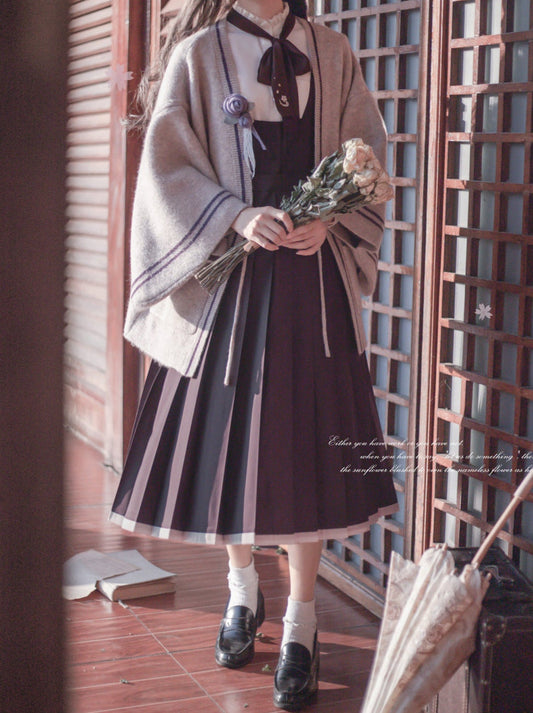Collar Corsage Dress Retro Shirt Vest Cardigan Stand Knit Ruffle Sleeve + Japanese Ribbon