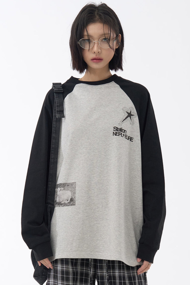 Fit Collision Long Sleeve Loose T-Shirt Print