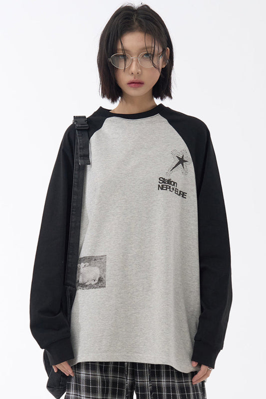 Fit Collision Long Sleeve Loose T-Shirt Print
