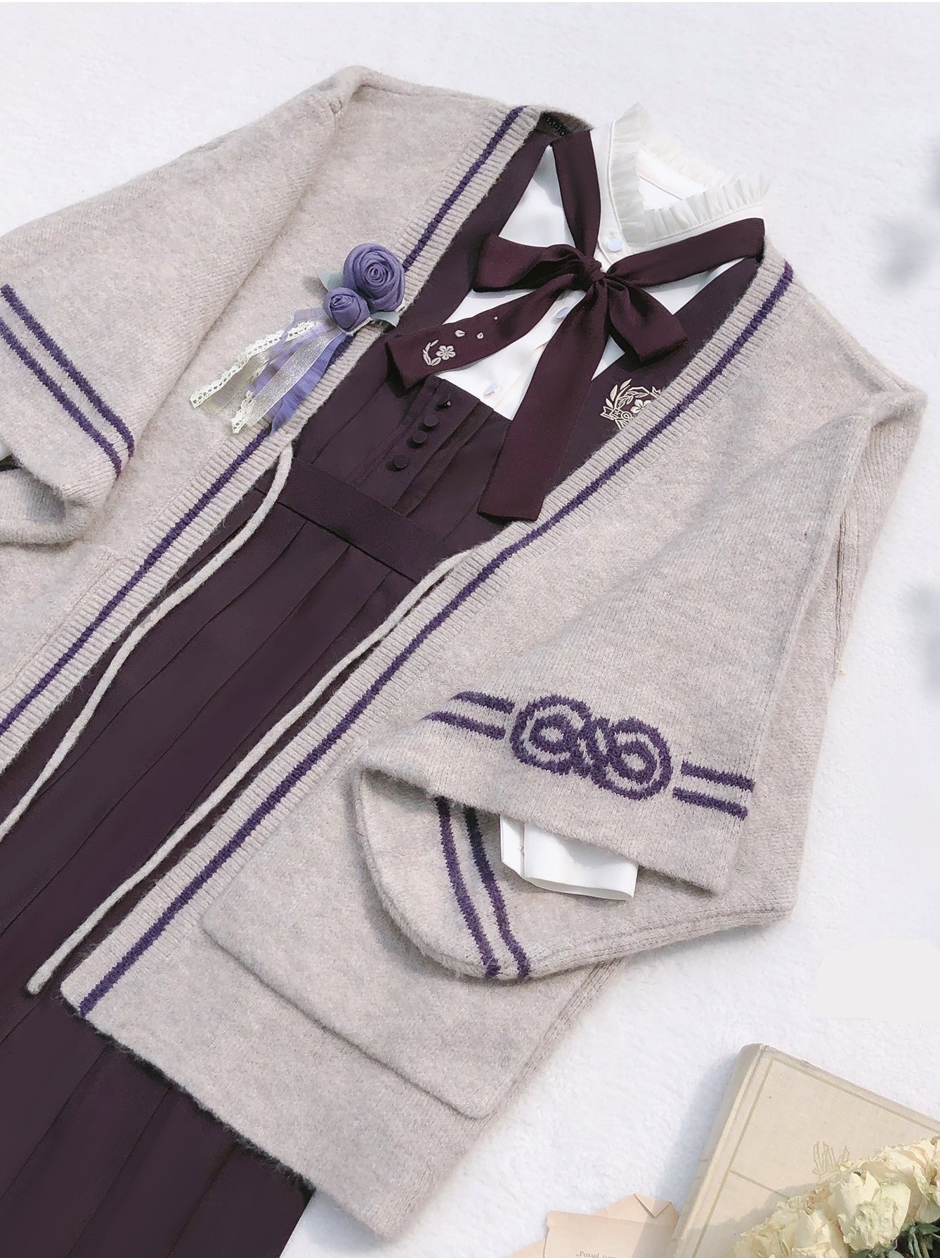Collar Corsage Dress Retro Shirt Vest Cardigan Stand Knit Ruffle Sleeve + Japanese Ribbon