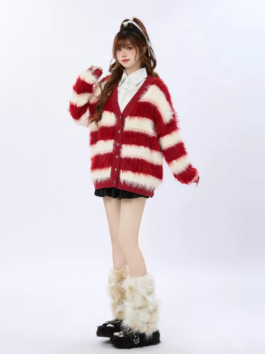 Knit Striped Cardigan Retro Red