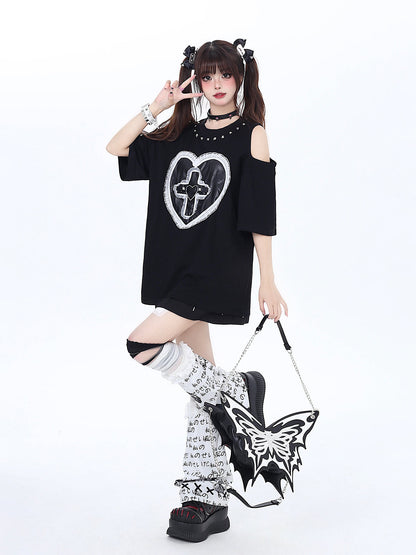 Dunkles T-Shirt mit genieteter Spitze Love Loose Open Shelder