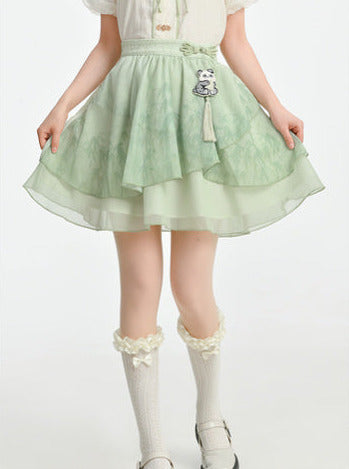 Ensemble chemise et jupe à manches longues Panda Kung Fu menthe + mousseline