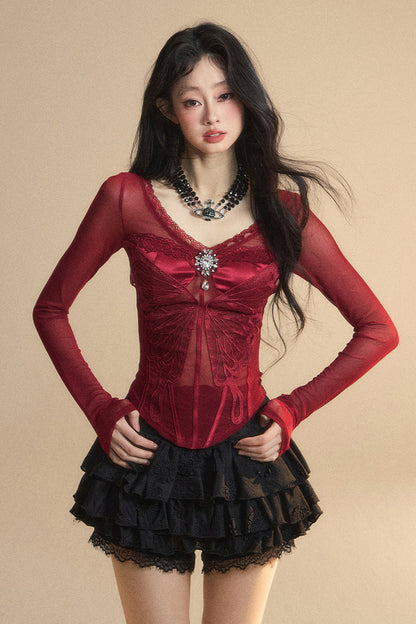 Top Mesh Cranberry Pre-order product Australian Lace V-Neck