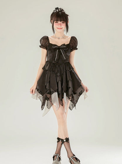 Sleeveless Bow Black Puff Ribbon Dress