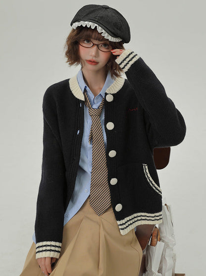 Lazy Knit Cardigan Collar College Loose Stand Style