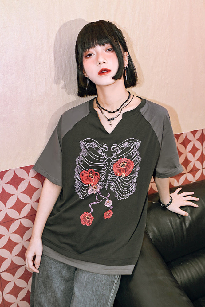 Bone Flower Bicolor Raglan Top V-Neck