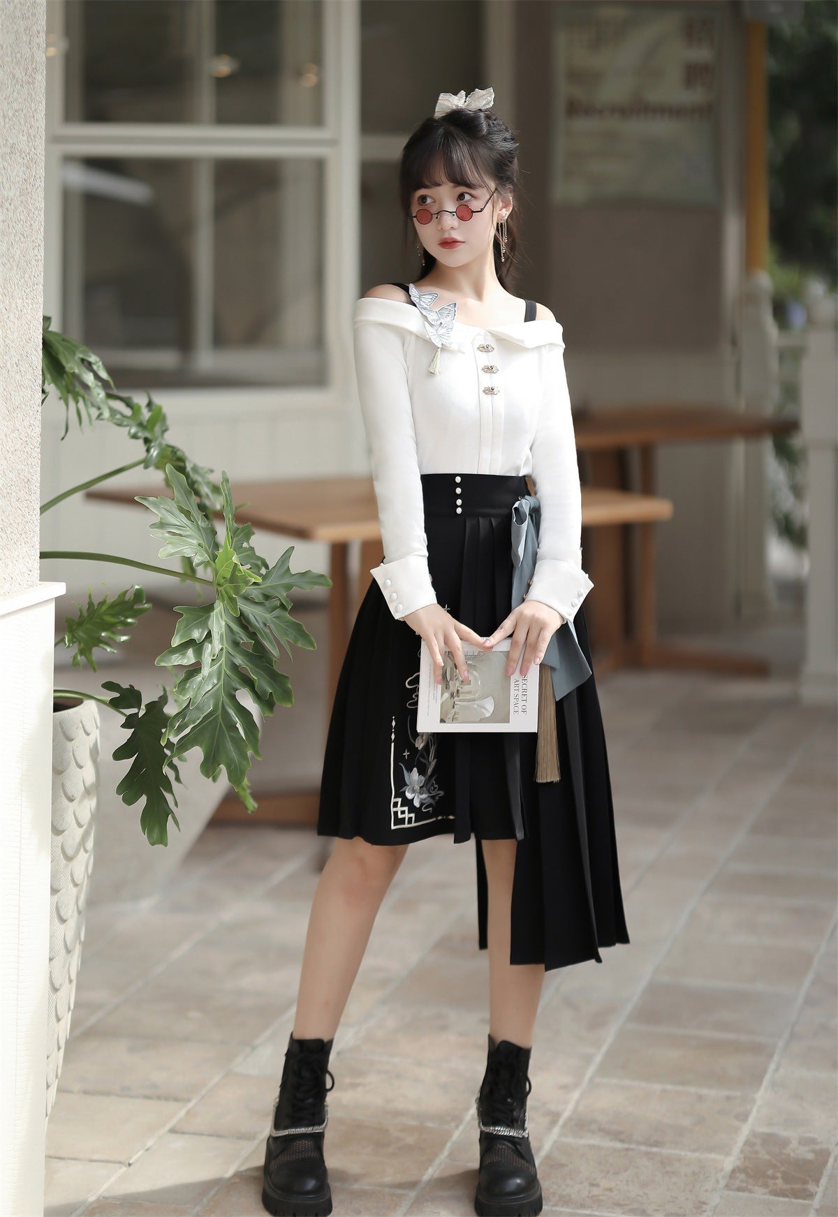Top Buckle Waist Asymmetrical Skirt + Big Bow Off-Shoulder China High