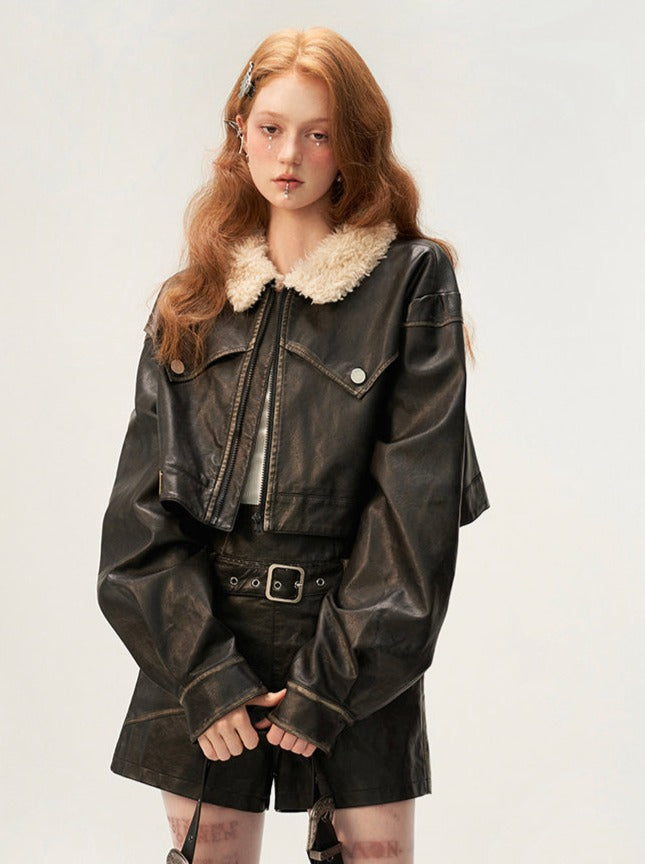 Osh Design Leather Fur Collar Jacket + Short Leather Pants