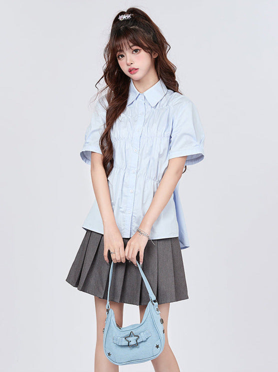 Pleated Blue Design Milk Shirt