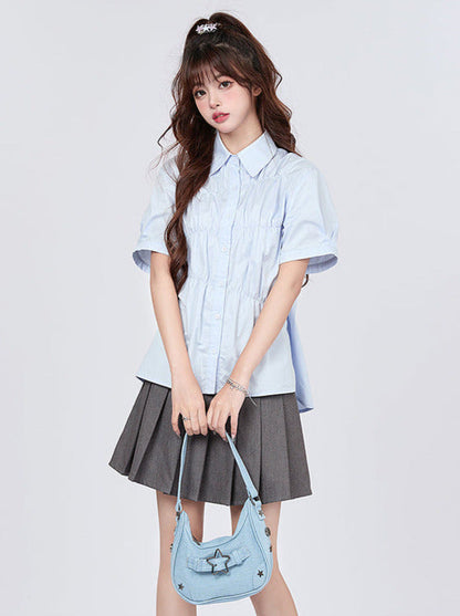 Pleated Blue Design Milk Shirt