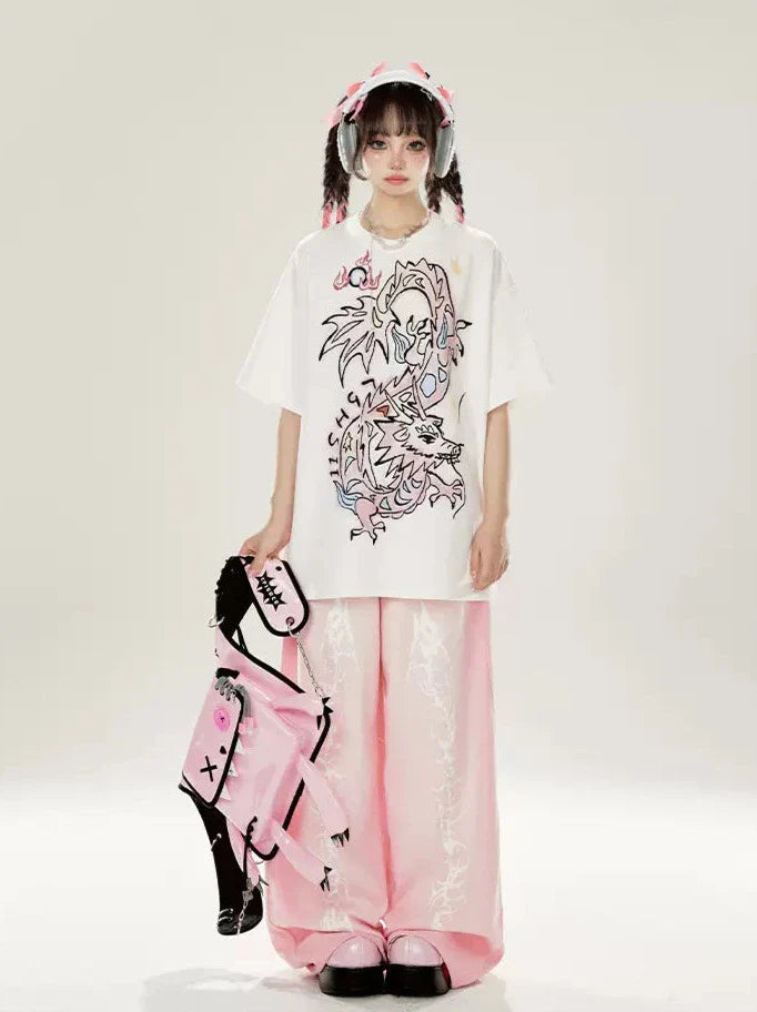 Original Loose T-Shirt mit Drachen-Print in Weiß