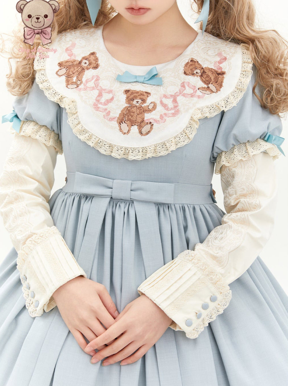 ロリータテディベアフラップレースパフスリーブリボンデレス