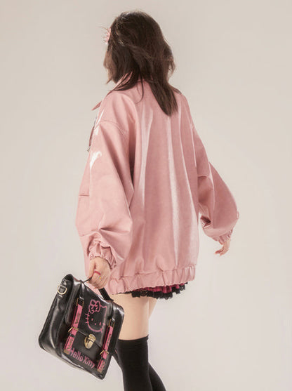 Veste en cuir rose rétro avec boucle et fermeture éclair