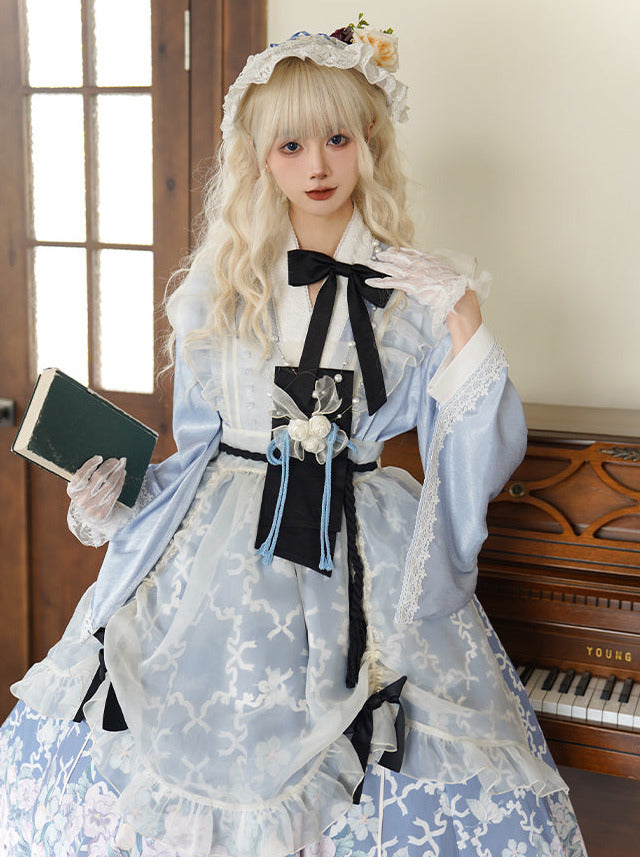 Süßes, bedrucktes Dienstmädchen-Alice-Kostümkleid im japanischen Stil