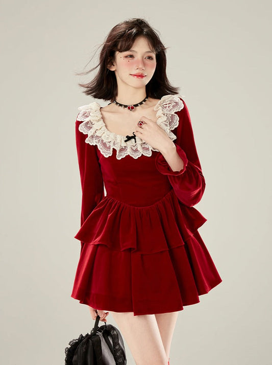 Red Collar Dress Raisin Velvet