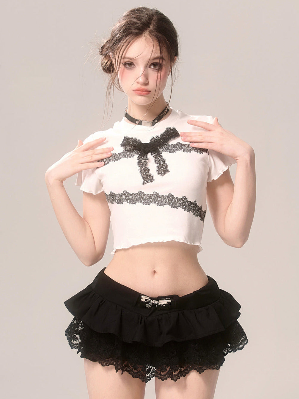 Slim Lace T-Shirt Frill Short Ribbon