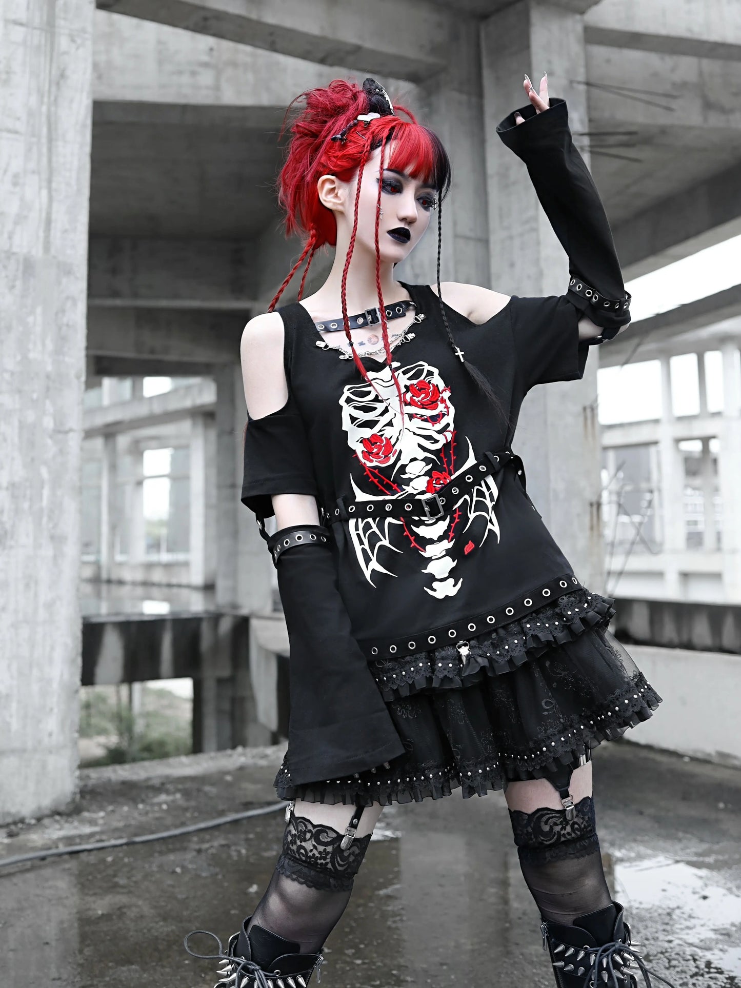 Metal Buckle Cake Leather Rivet Layer Punk Skirt