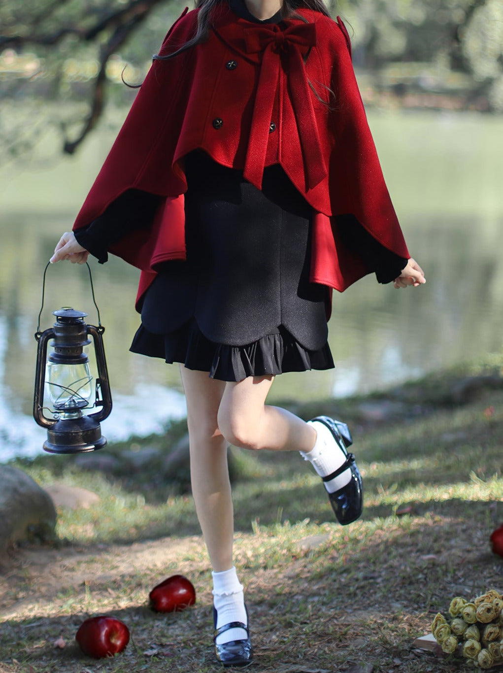 Dress Retro Ruffle Two Coat + Cape Faux Black Red Piece
