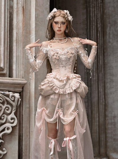 Court Strap Lace Ballet Cardigan Tops Crochet Sleeve Inner Off-Shoulder