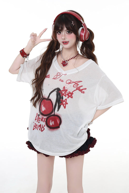 Sweet Cool Cherry Neck T-Shirt