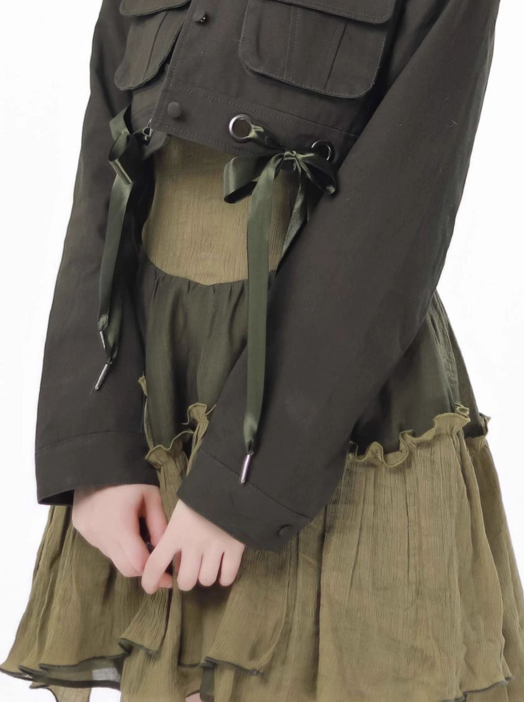 Veste courte américaine en denim vert rétro à licou