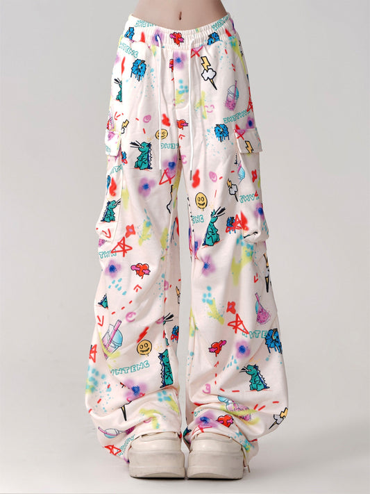 Side Cartoon Street Pants Loose Wide Pocket