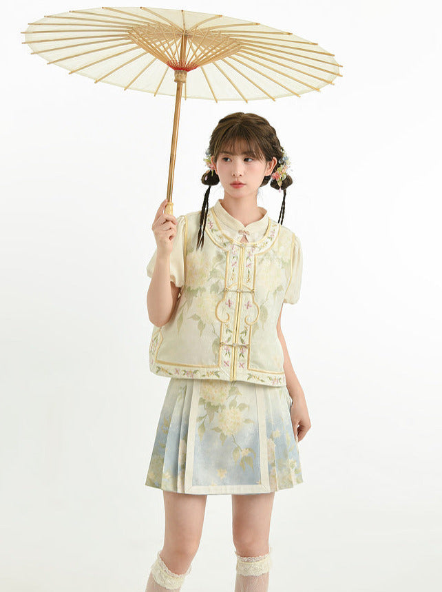 Chemise chinoise + jupe + gilet à manches bouffantes en jacquard