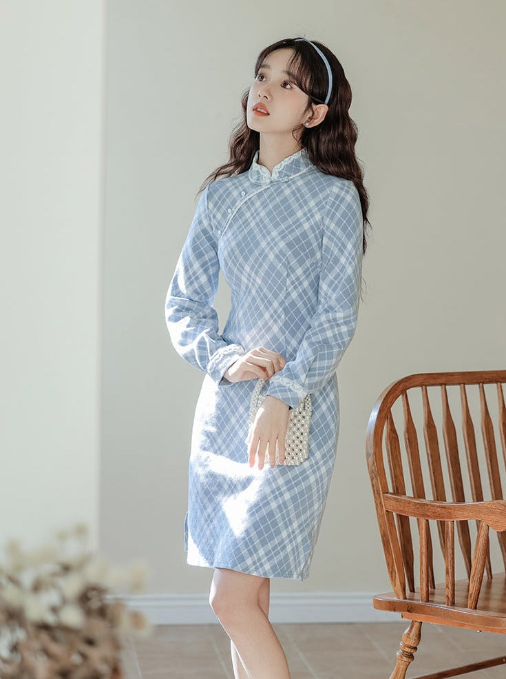 Check China + Short Knit Cardigan Dress Girly Retro