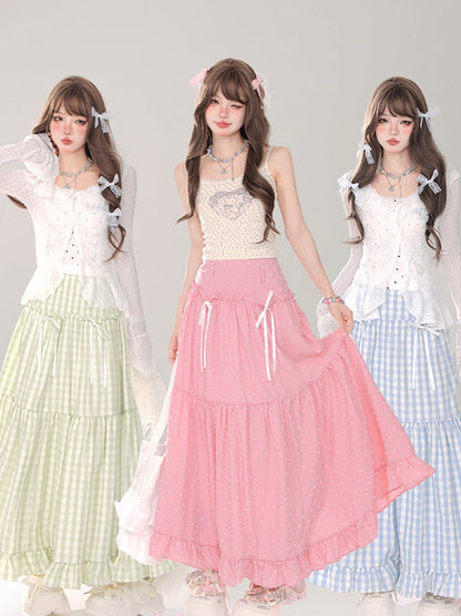 チェック+リボン Aライン Aライン ドットスカート ロングスカート ロング