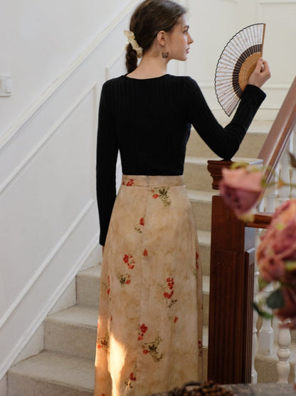 Flower Top Long Asymmetrical Slit Skirt