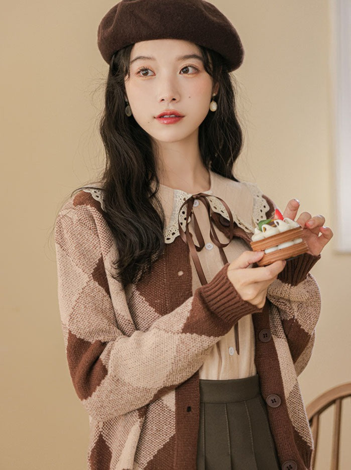 Argyle Skirt Pleated Knit Brown Cardigan Retro