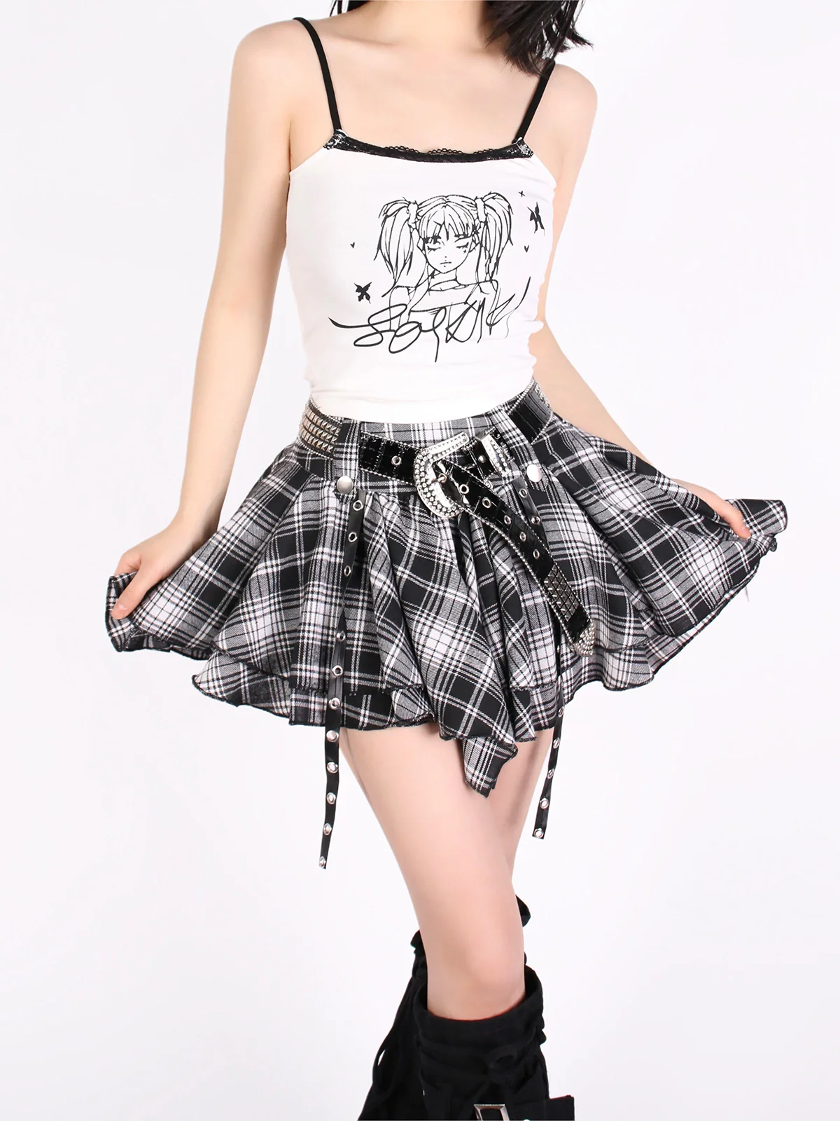 カバーラインストーンデニム+スカートベルト+ケーキブラックレッグチャックチュチュイレギュラー