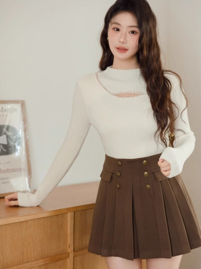 Button Gold Pleated Inner Skirt Pants