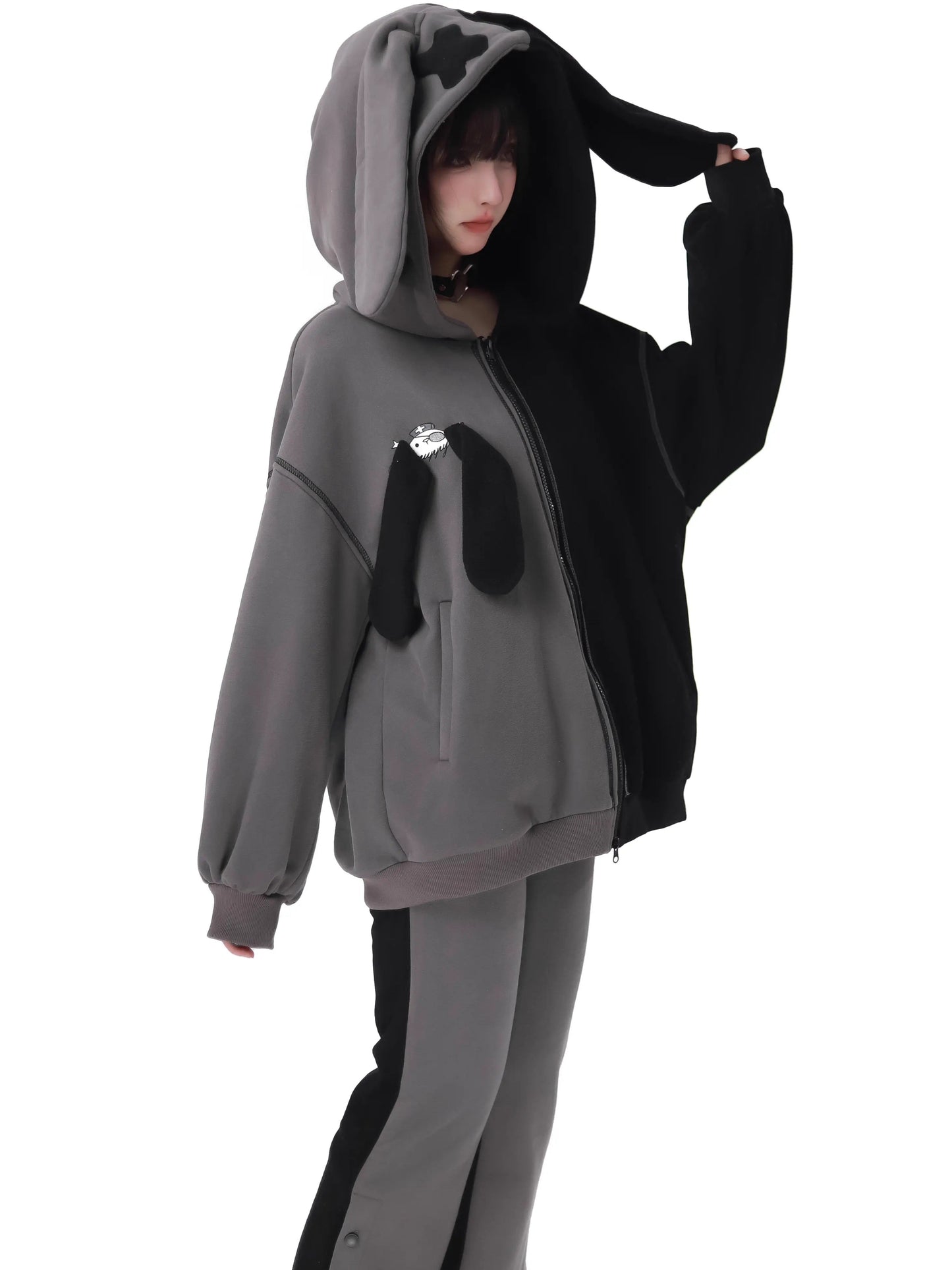 Rabbit Ear Contrast Zip Parker Pants Skirt