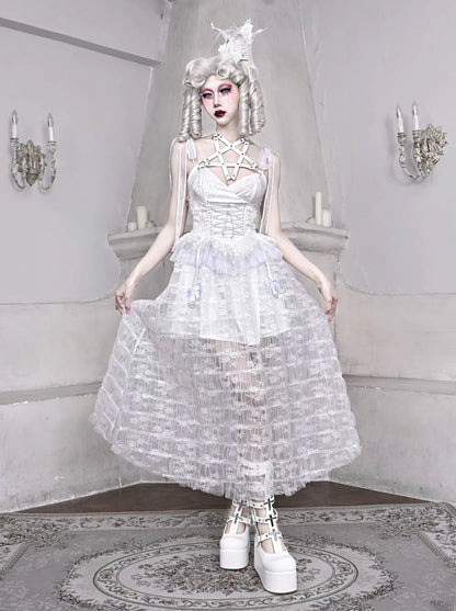 Mesh Schlafen Pentagramm Gothic Spitze Hosenträger Weiß Alice Dunkles Kleid