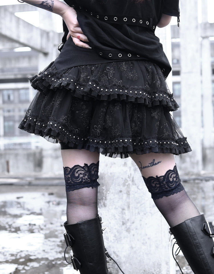 Metal Buckle Cake Leather Rivet Layer Punk Skirt