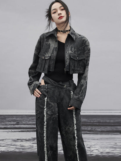 Jean ample à franges et taille large découpée en denim foncé
