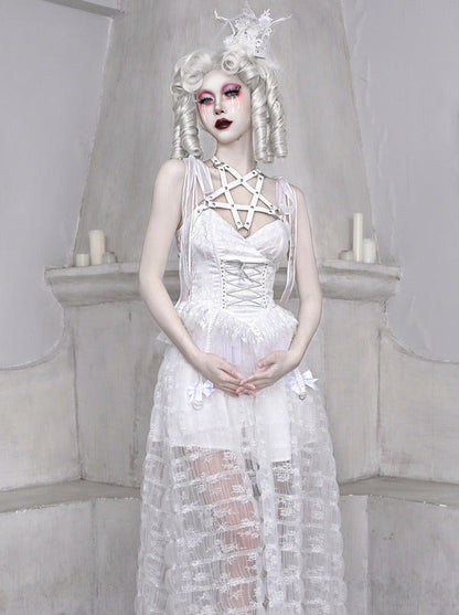 Mesh Schlafen Pentagramm Gothic Spitze Hosenträger Weiß Alice Dunkles Kleid