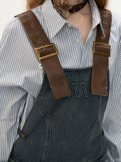 Leather Belted Logo Pleated Denim Suspender Skirt