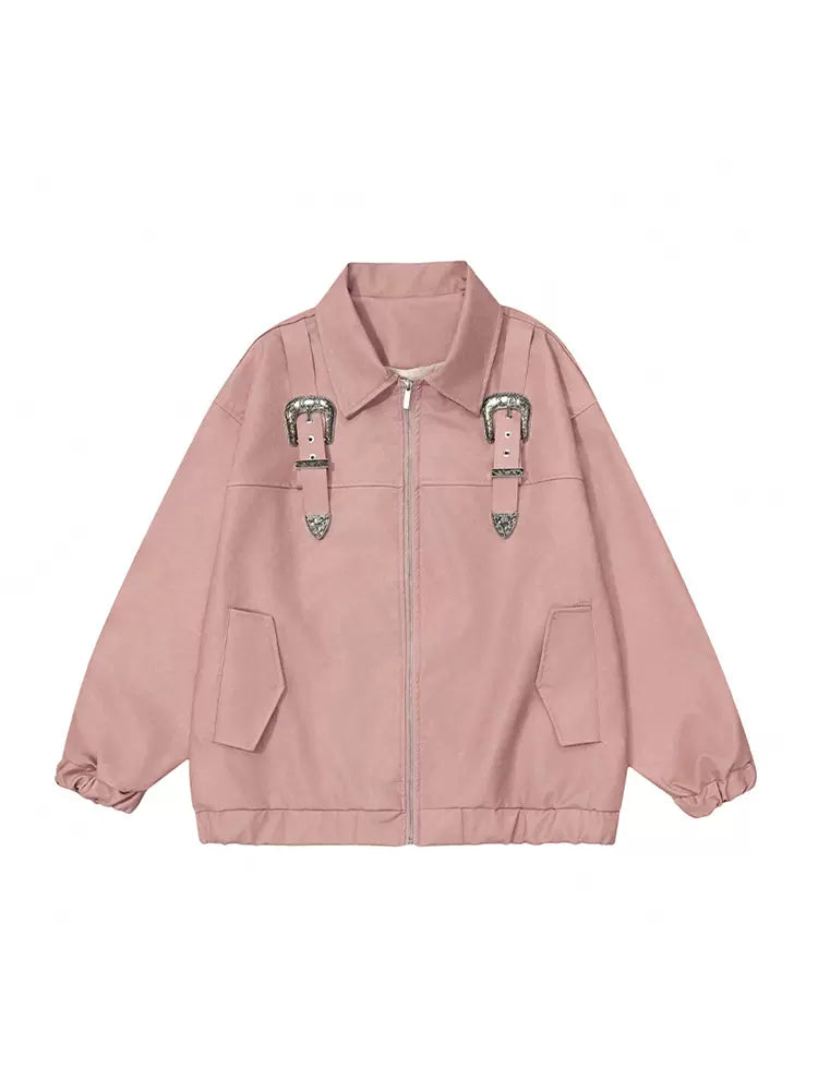 Veste en cuir rose rétro avec boucle et fermeture éclair
