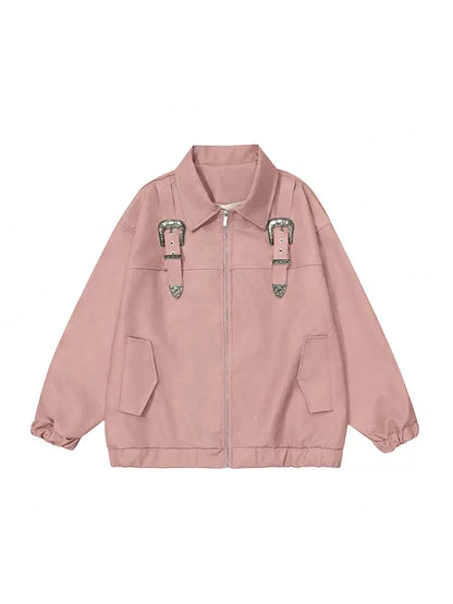 Veste en cuir rose rétro avec boucle et fermeture éclair