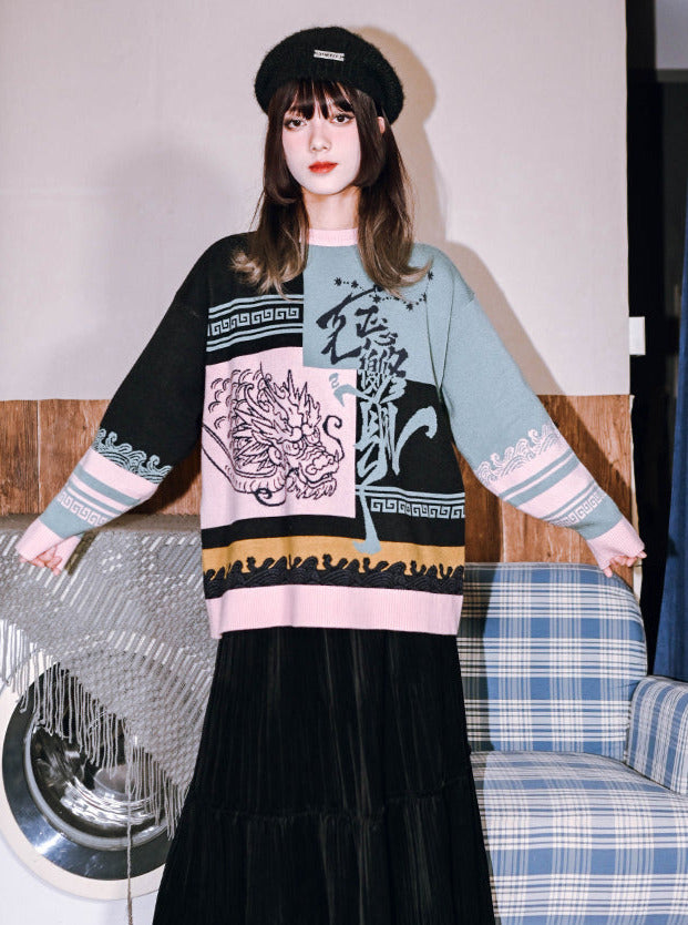 ラウンドスタイル チャイナカラー ネックニット ルーズ コントラスト ニューブロック