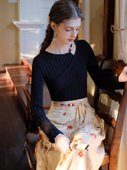 Flower Top Long Asymmetrical Slit Skirt