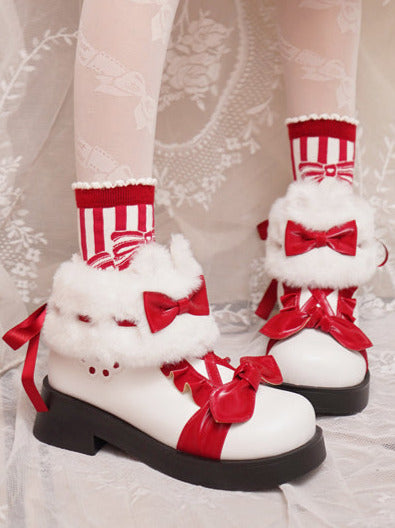 Boots Snow Mid Velvet Color Lolita Block Short Ribbon Heel Sweet