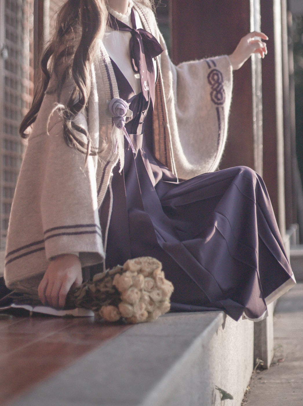 Collar Corsage Dress Retro Shirt Vest Cardigan Stand Knit Ruffle Sleeve + Japanese Ribbon