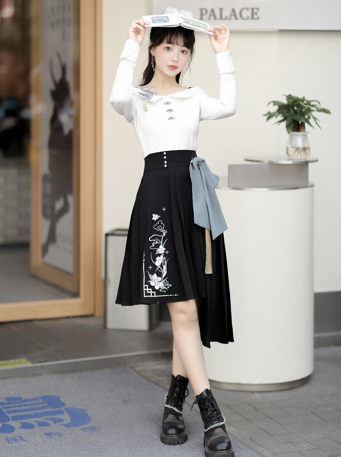 Top Buckle Waist Asymmetrical Skirt + Big Bow Off-Shoulder China High